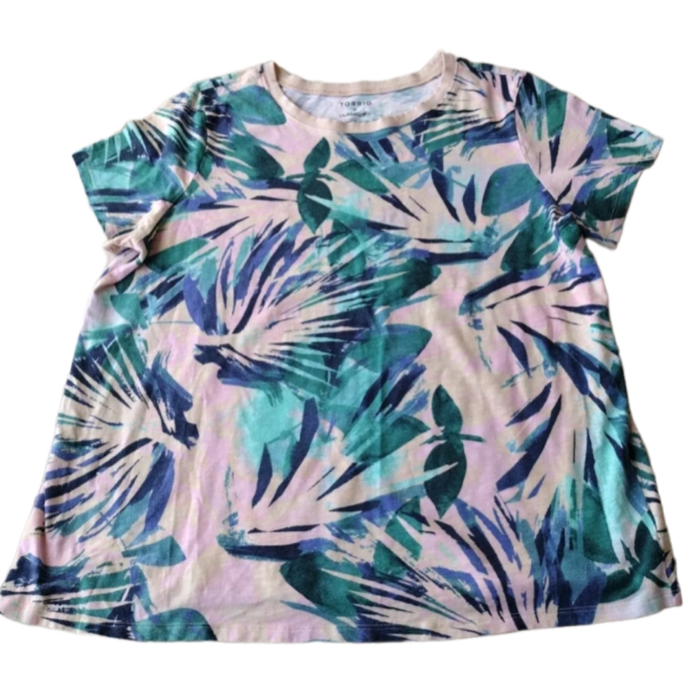 Torrid Blouse Women Size 2 Blue Green‎ Floral Tropical Classic Fit Pullover